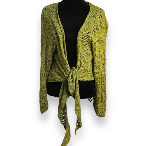 Dressbarn Open Knit Tie Front Cropped Cardigan Women's 1X Green Boho Casual Top