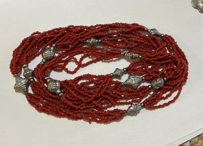 Red Coral Seed bead Multi-strand 53  W/ Silver Over brass Beads Estate find VGC