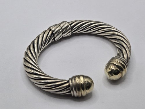 10mm David Yurman Hinged Sterling Silver Cable Bracelet 14k Gold Domes (Dented)