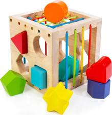 Montessori Toy for Toddlers, Shape Sorter for Babies, Wooden Shape Sorting Cube