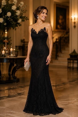 Angela & Alison Black Lace Mermaid Formal Evening Gown Illusion Neck Maxi Dress