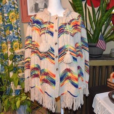 Vintage 1970s Boho Rainbow Poncho Tassels Button Front Fringe One-Size