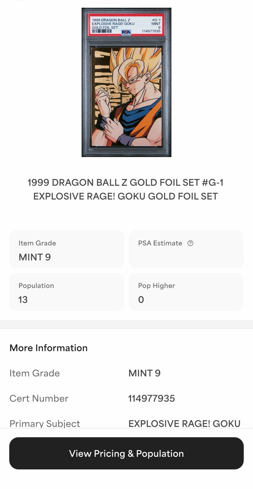 1999 Dragon Ball Z Super Saiyan Goku Gold Metallic Gold Foil PSA 9 NONE HIGHER view 3