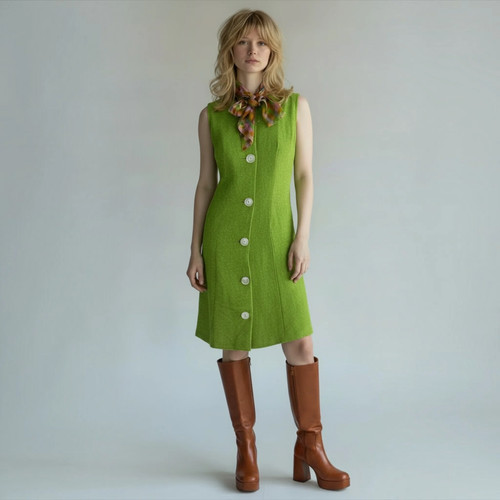 VTG 60s Mod Green Shift Dress & Matching Plaid Scarf “For J.P.’s Only,” Sm