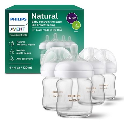 Philips Avent Natural Glass Baby Bottles W/Natural Response Nipples (Slow Flow)