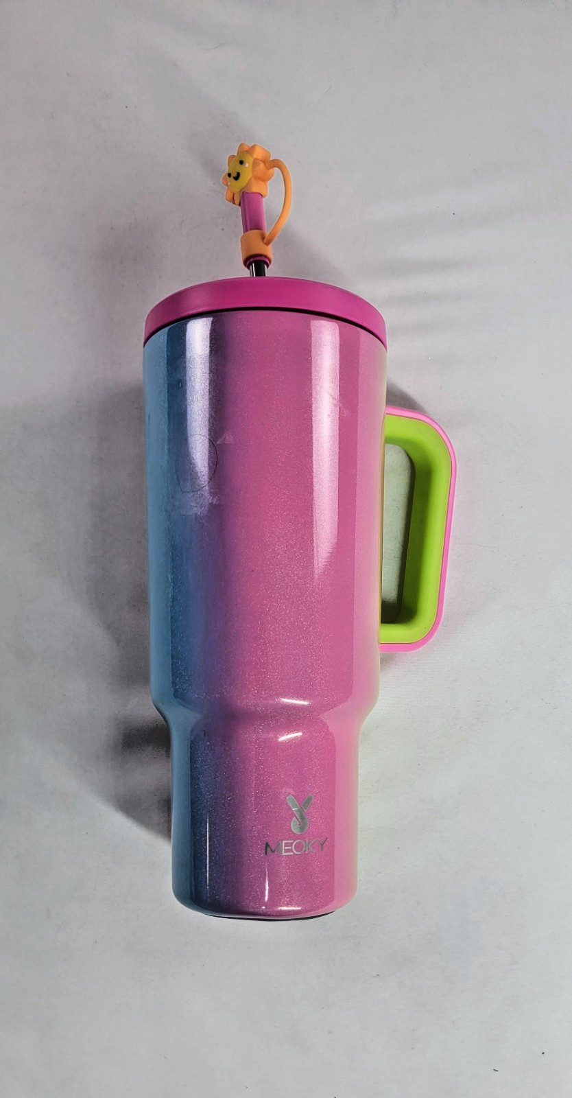Meoky Insulated Tumbler Cup w Handle Lid & Straw Rainbow Pink Blue, 40 fl oz.