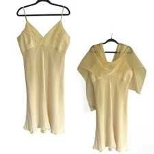 Y2K ASPEED USA Butter Yellow Rhinestone Midi Dress w Scarf Fairy Babydoll | 2XL