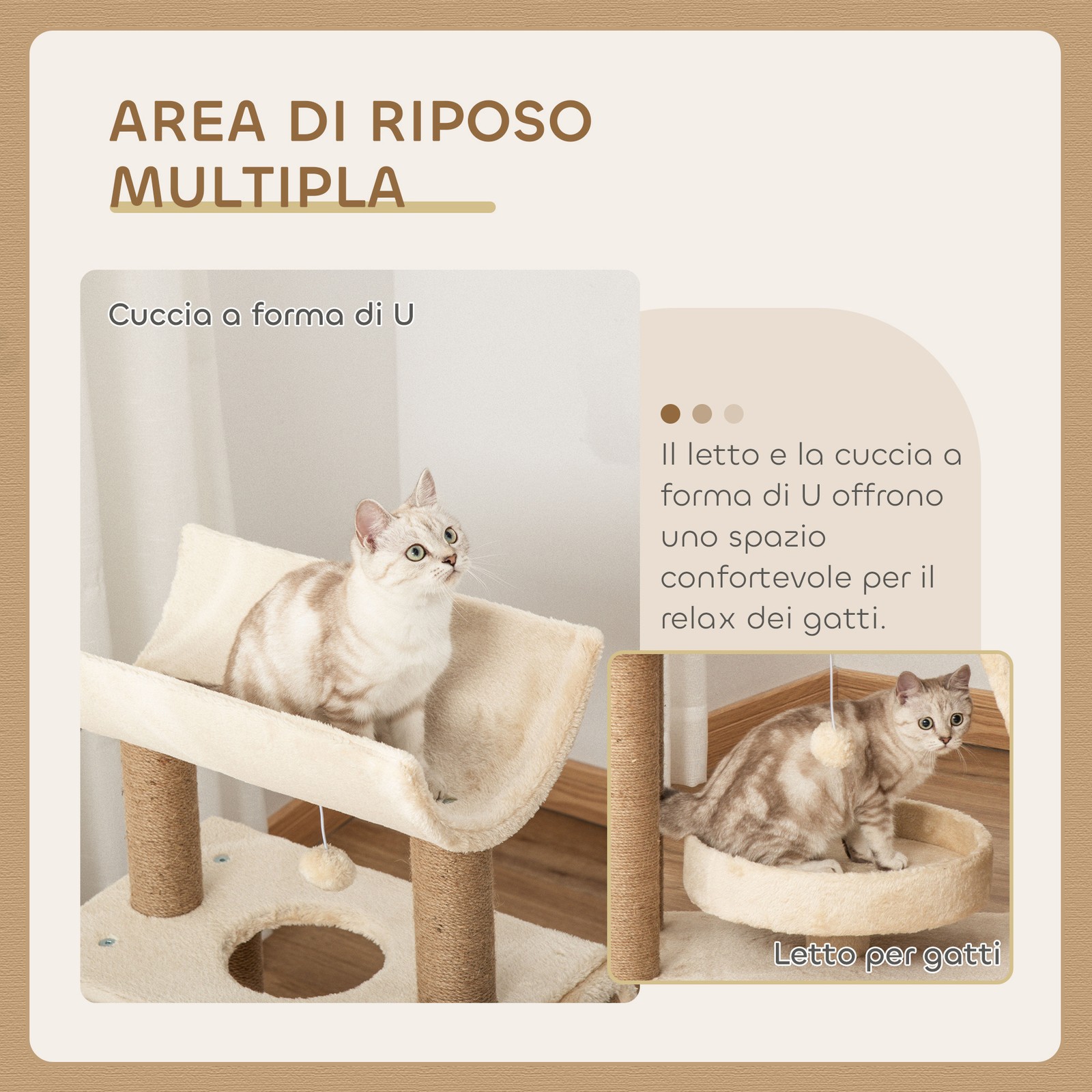 Albero Tiragraffi per Gatti con Lettino, Cuccia e Tappetino, in Legno, Peluche e foto 5