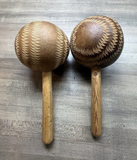 Hand Carved Wood Maracas Shakers Pair 2 9 x 4 in Dia b7