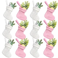 12 Pcs Mini Knit Christmas Stockings,4 Inch Small White and Pink Knitted Hang...