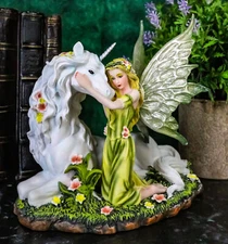 7 Inch Green Winged Fairy with Magical Unicorn Statue Figurine
