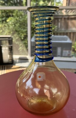 Vintage Blenko Myers Vase Coil Bottle  Amber & Cobalt Blue Spiral 9'' w/Sticker