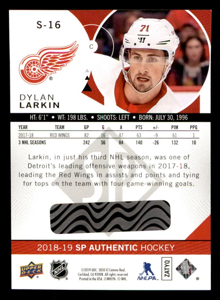 2018-19 SP Authentic Spectrum FX #S16 Dylan Larkin (ref 239880) - Image 2 of 2