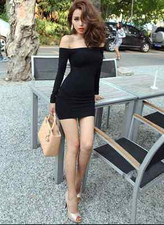 Wholesale/Retail Girl Evening Clubwear Off-shoulder Long Sleeve Black Mini Dress