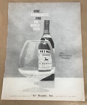 Hine cognac print ad 1958 vintage 1950s art illustration bottle glass advert