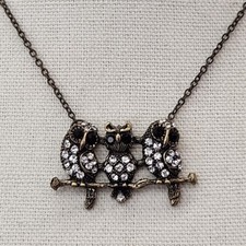 Owl Necklace Pendant Three Birds Perch Clear Rhinestones Antiqued Gold Tone 18"