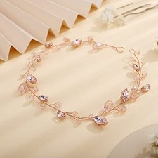 Bride Hair Vine, Pink Rhinestone Crystal Headband, Handmade Bridal Long Hair