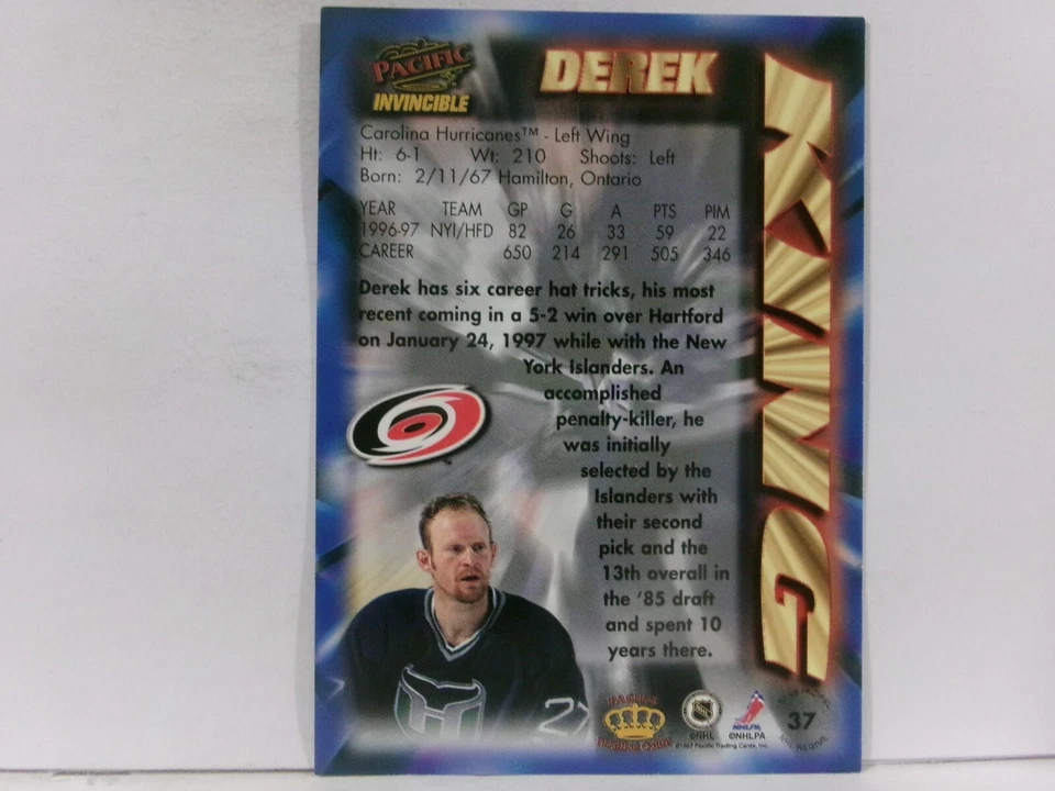 1997-98 Pacific Invincible NHL Regime Derek King #37 - Image 2 of 2