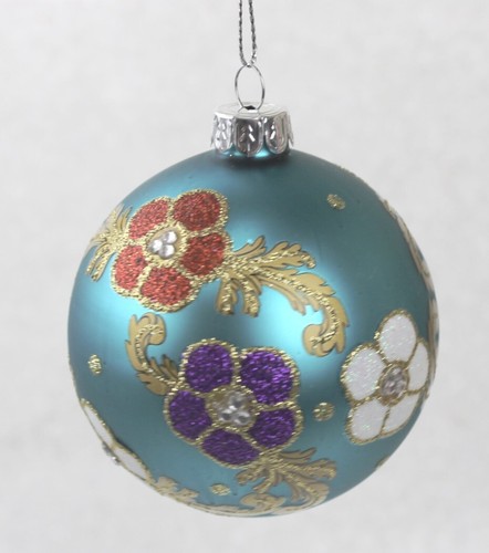 GISELA GRAHAM CHRISTMAS MATT RED BLUE WHITE GLASS BAUBLE WITH FLOWERS - Picture 2 of 4