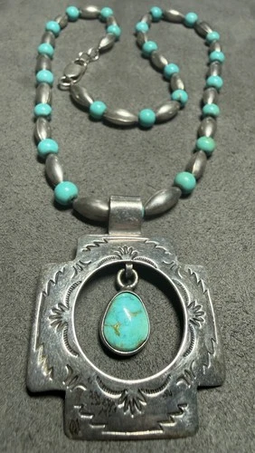 Native American Turquoise Pendant Sterling Silver Charlie Navajo Necklace 18”