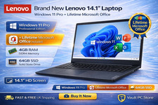 Lenovo Win11 Pro Laptop + Lifetime Microsoft Office | 4GB RAM 64GB SSD UK