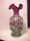 7 1/4" Fenton HP Flowers Dec RUBINA VERDE Color Art Glass Vase Artist D Cutshaw