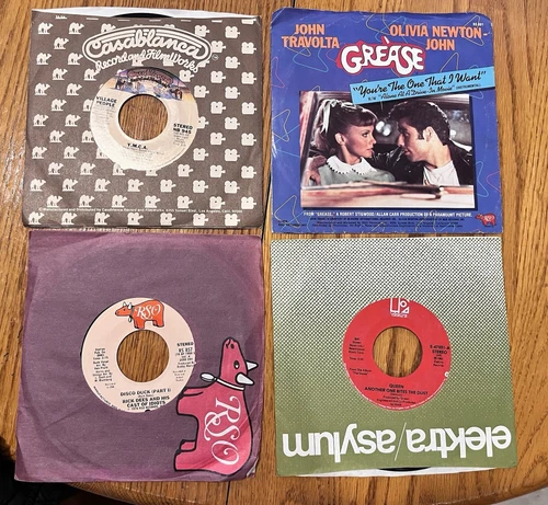 Vinyl 45 Lot (4) Queen, YMCA, Disco Duck, GREASe!  Original Sleeves!