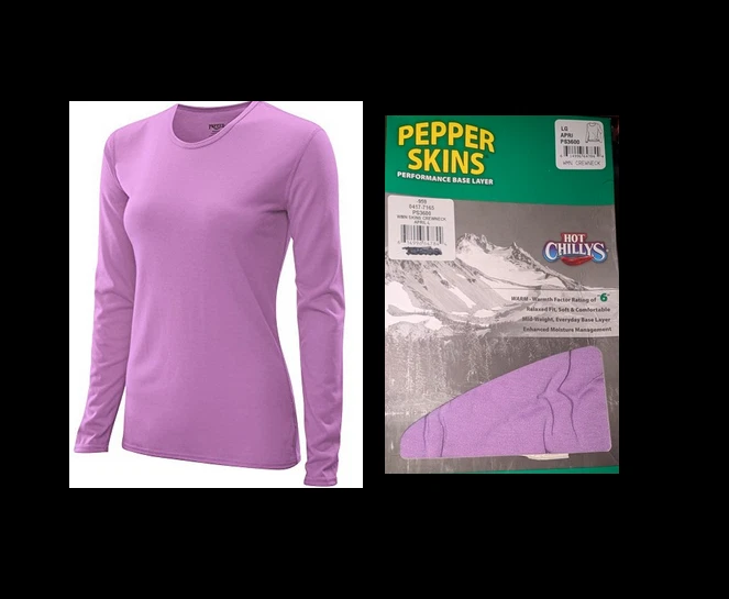 New Boxed Women's Hot Chillys Pepper Skins Crewneck Base Layer Top - Purple Sz L