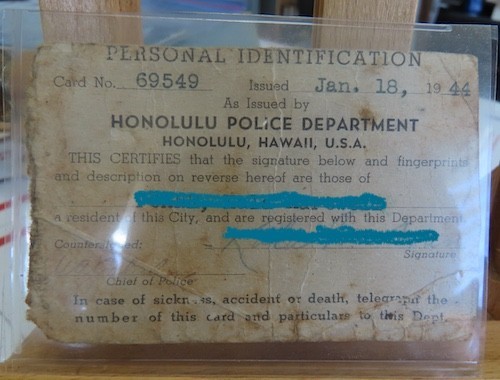1944 PERSONAL IDENTIFICATION BY HPD SIGNED BY CHIFE OF POLICE OF HAWAII, RARE