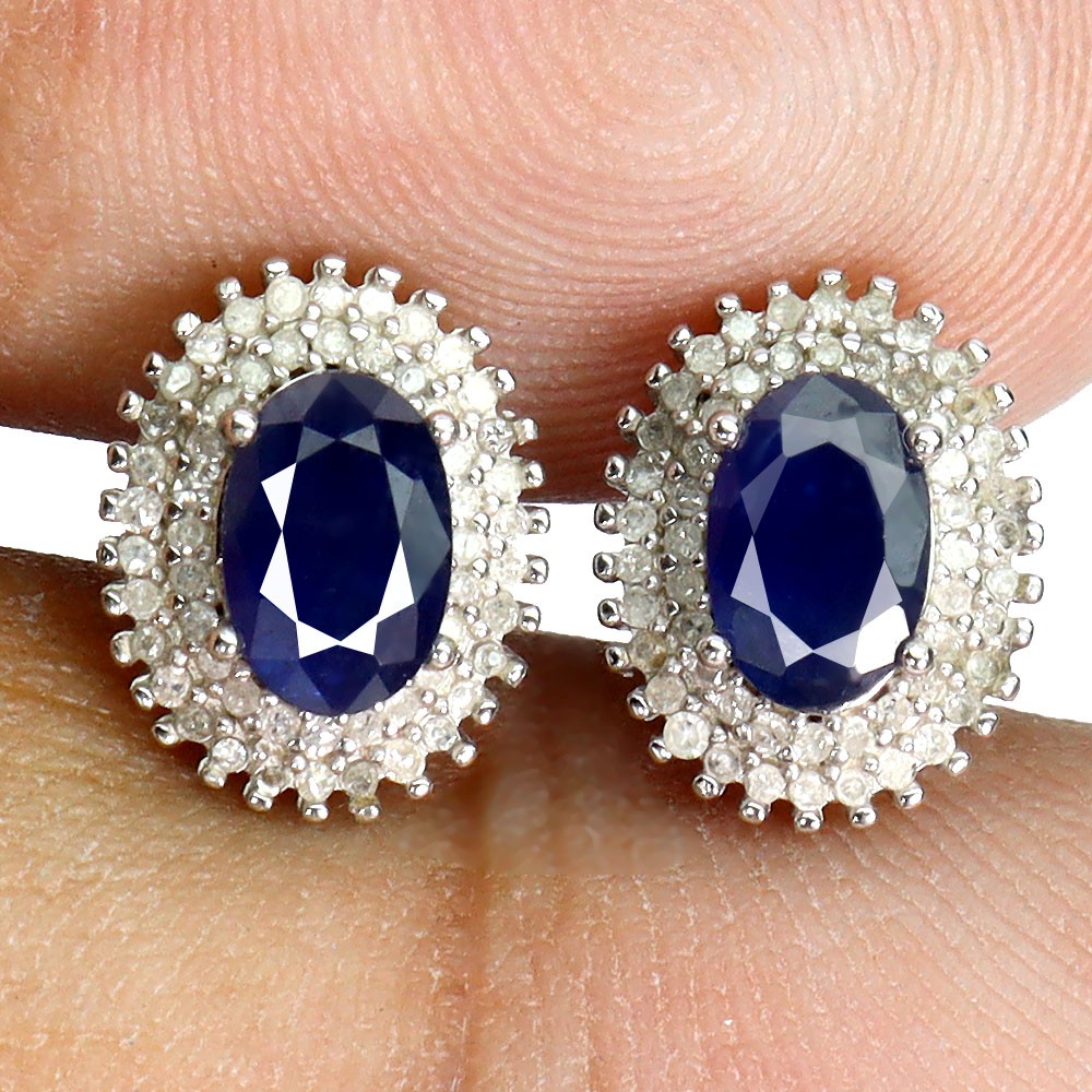 925 Sterling Silver Earrings Oval Blue Sapphire 6x4mm Diamond 108pcs Gemstone