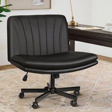Armless Office Desk Chair W/ Wheels,Faux Leather Cross Legged Wide Chairs Mid
