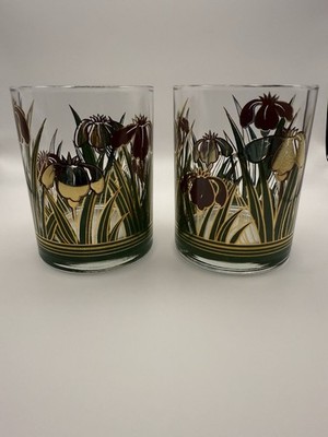 Culver Cinnabar Crimson, Green 22 KT Iris Lowball 12 Oz Set Of 2