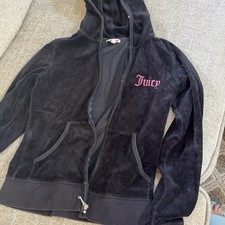 Juicy Couture Size Medium Black Velour Zip-Up Hooded Sweatshirt Jacket Y2K VTG