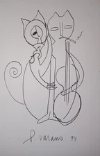  VINTAGE  ABSTRACT EXPRESSIONISM  INK DRAWING FIGURATIVE JAZZ CATS  CELLO ART