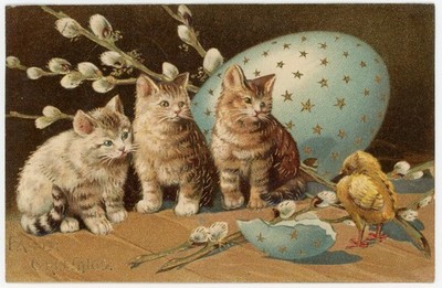 1908 Mailed Easter Greetings Kittens Chick Egg Vintage Postcard 1c Franklin