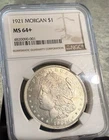 1921 Morgan Silver Dollar Graded. NGC MS64+, Bright White Flashy Coin.