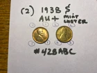 (2) 1938 S Lincoln Wheat Cent Penny -- AU + Mint Luster Buyer grade #428ABC