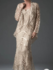 Soulmates Champagne Silk Lace Two-Piece Embroidered Evening Gown with Jacket L