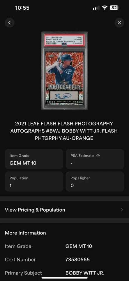 2021 Leaf Flash Orange Auto Bobby Witt Jr 4/10 PSA 10 #132 POP 1 - Image 3 of 3