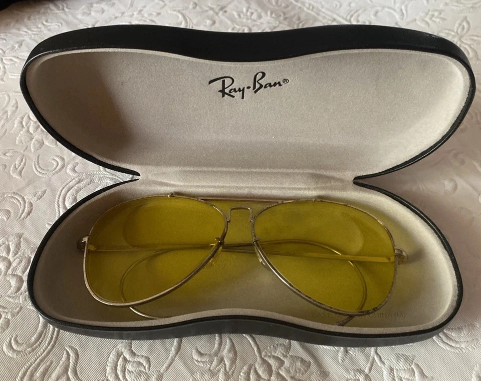 VINTAGE RAY-BAN AVIATOR SHOOTING GLASSES YELLOW LENS GOLD WIRE EAR WRAP FRAMES - Image 3 of 4