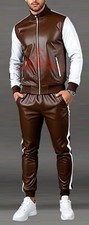 Men's Brown Genuine Soft Leather Jogging Walking Road Tracksuit Jacket Trouser