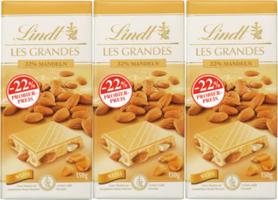 Lindt 3 x 150g. Les Grandes Weiße Schokolade mit karamellisier Mandel-Stückchen 