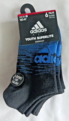 ADIDAS Boys Superlite No Show Socks, Size M ~13C-4Y ~ Black Assorted 6-Pairs NIP