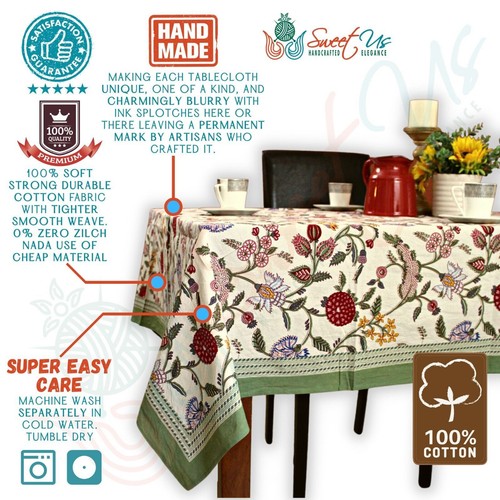 Handmade Floral Berry Print Cotton Tablecloth Rectangular 60 x 90 Inches - Picture 3 of 24