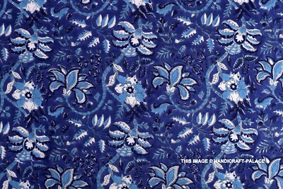 5 Yard Hand Block Blue Floral Print Fabric Natural Handmade Cotton Indian Craft