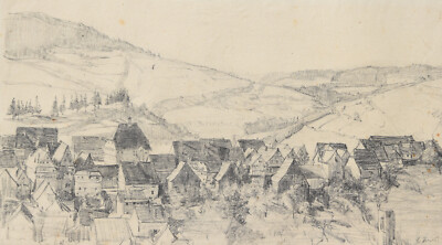 Emma Joos 1882-1932 Stuttgart / Zeichnung ''Ansicht von Wildberg bei Calw'' ~1920