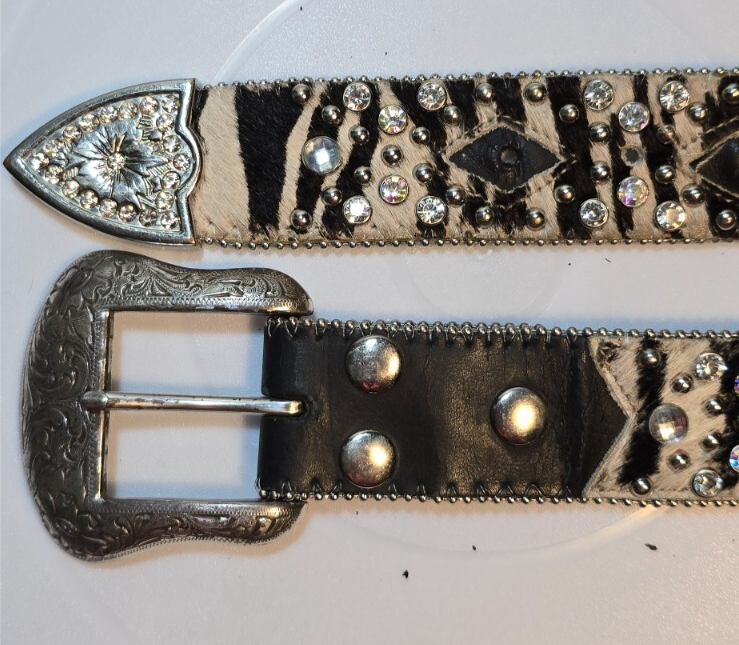 Zebra Pint Belt with Crosses and sparkles Ladies zebra leather belt with clear rhinestones, cross  main image 3