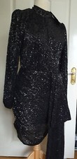 pretty little thing black sequin high neck draped bodycon dress UK 14