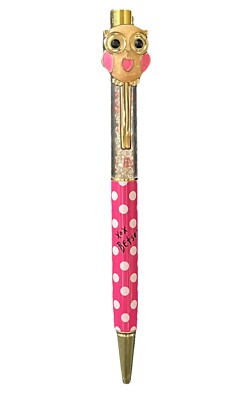 Betsey Johnson Owl Charm Ballpoint Pen Gold Tone Mixed Bead Glitter Polka Dots