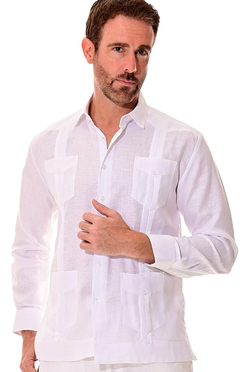 Bohio Mens 100% Linen Cuban Guayabera Shirt - White Traditional 4-Pocket- MLS501